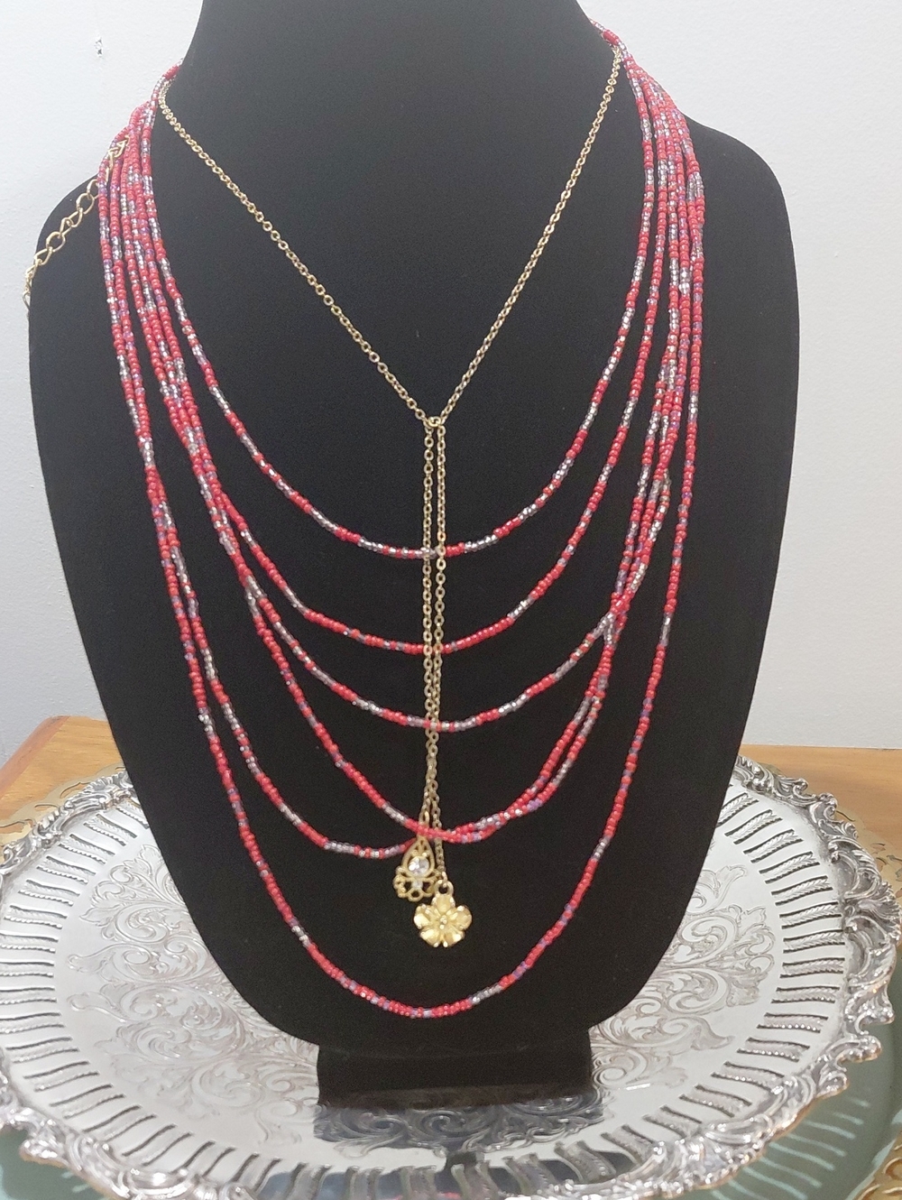 Guess Layered Coral Beaded Necklace with Gold Chains